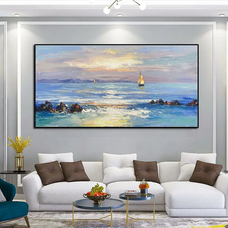 

100% ручная роспись абстрактная картина маслом Морской пейзаж настенная Картина на холсте волнистые картины для гостиной украшение без рамки