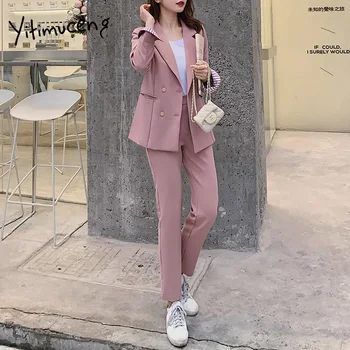 yitimuceng women pant suits formal blazer set 2020 spring womens suits set 2 pieces double breasted jacket korean ladies suit 
yitimuceng women pant suits formal blazer set 2020 spring womens suits set 2 pieces double breasted jacket korean ladies suit