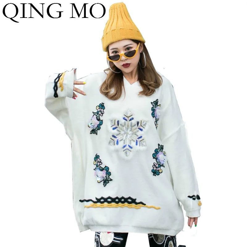 QING MO белый женский пуловер свитер 2019 с принтом и блестками Женский вязаный