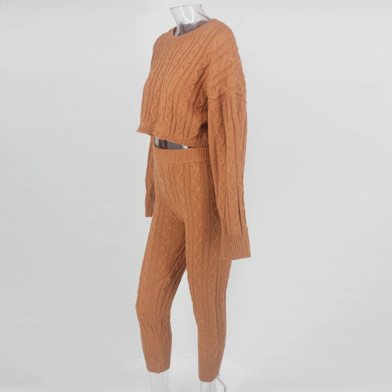 Knitted 2 Piece Set Women Long Sleeve Crop Tops And Long Pants Knitted 2 Piece Set Women Long Sleeve Crop Tops And Long Pants