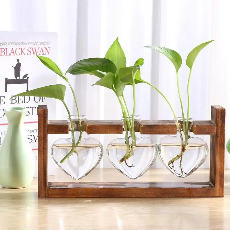 Деревянная рамка стеклянная ваза в форме сердца для гидропонных растений