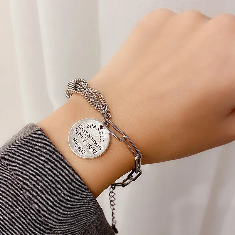 Titanium Steel Silver Color Linked Chain Asymmetric Coin Bracelet for Women Letter Print Oof Circle Charm Bracelet Accessories
Titanium Steel Silver Color Linked Chain Asymmetric Coin Bracelet for Women Letter Print Oof Circle Charm Bracelet Accessories