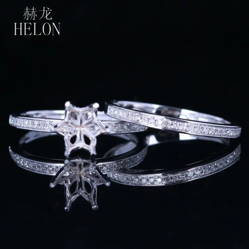 

HELON 6.5mm Round Solid 10K White Gold Pave Natural Diamonds Semi Mount Engagement Wedding Ring Setting Women Fine Diamond Band