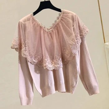 2019 New Spring Autumn Elegant Mesh Stitching Lace V Neck Shawl Top Long Sleeve Basic Shirts Solid Color Knitted Female Sweaters
2019 New Spring Autumn Elegant Mesh Stitching Lace V Neck Shawl Top Long Sleeve Basic Shirts Solid Color Knitted Female Sweaters