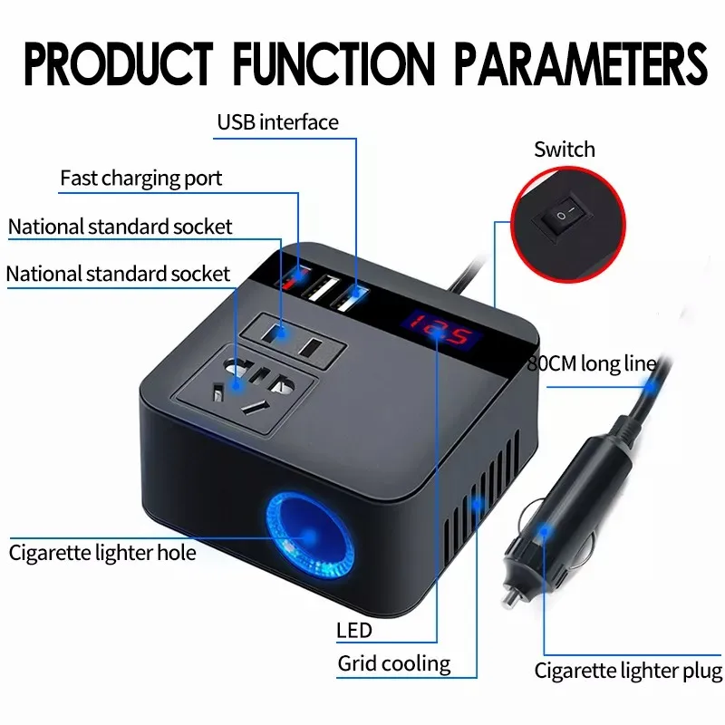 

Car Inverter 150W 12V/24V To 110V/220V Cigarette Lighter Power Supply Inverter Adapter with USB Charger Fast Charging