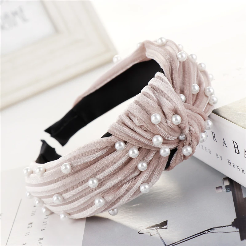 Bohemian Pearl Velvet Braided Headband For Women Rhinestone Knot Hairband Turban Handmade Padded Crown Accessories 1111