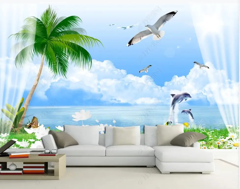 

photo wallpaper 3 d custom mural Seaside blue sky coconut palm dolphin scenery decor living room Wallpaper for walls in rolls