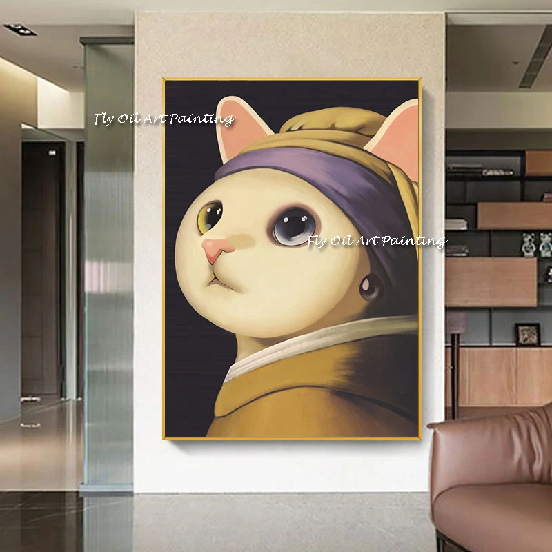 

The Scarf Cat Animal Pearl Girl Hand Painted Oil Painting Artwork on Canvas Paintings Wall Decor For Home No Framed Graph Art