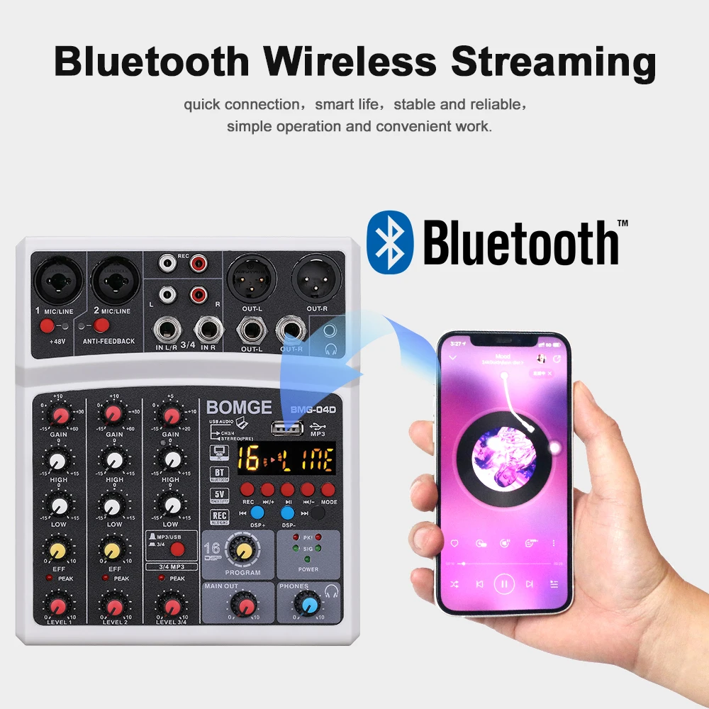 4 Channels Audio Sound Mixer Mixing DJ Console USB with 48V Phantom Power 16 DSP Effects 4 Channels Audio Sound Mixer Mixing DJ Console USB with 48V Phantom Power 16 DSP Effects