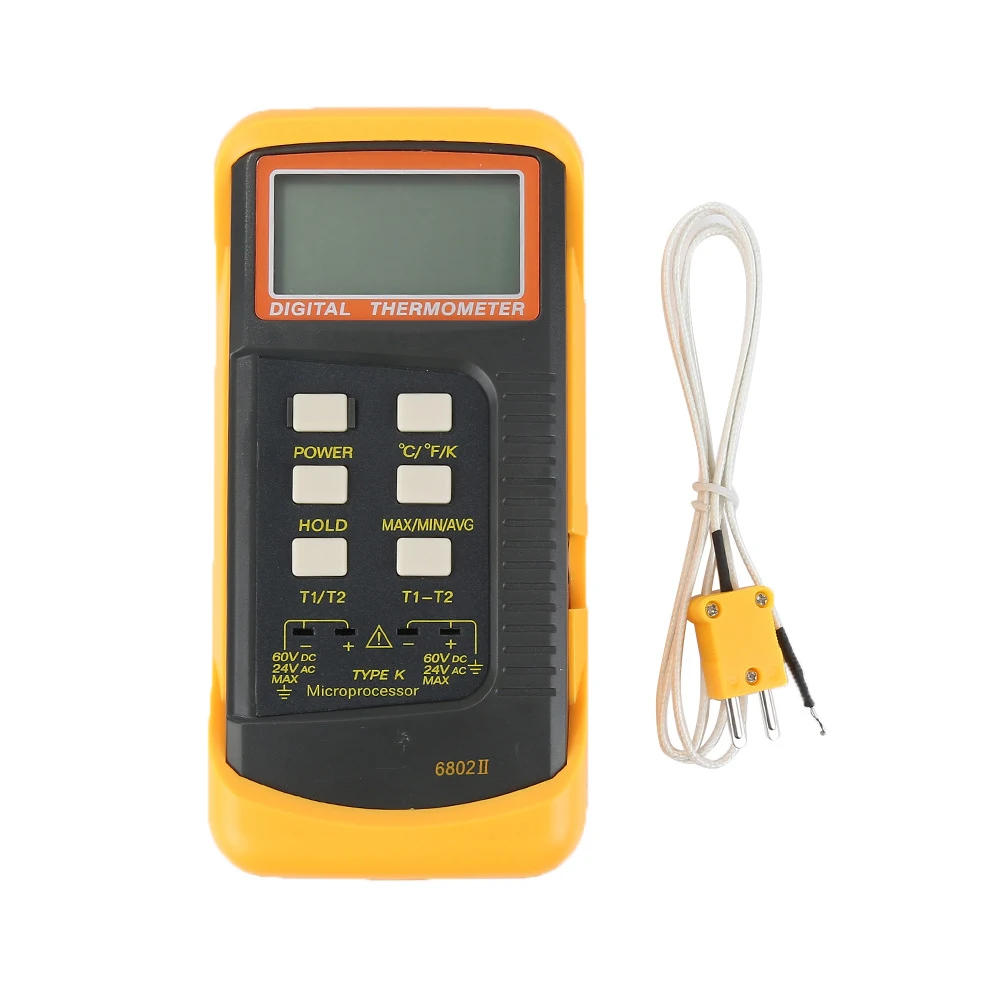 6802 II Professional Portable Thermometer Digital Dual Channel Sensor K-Type Probe Replacement Automatic Plastic LCD Display
6802 II Professional Portable Thermometer Digital Dual Channel Sensor K-Type Probe Replacement Automatic Plastic LCD Display