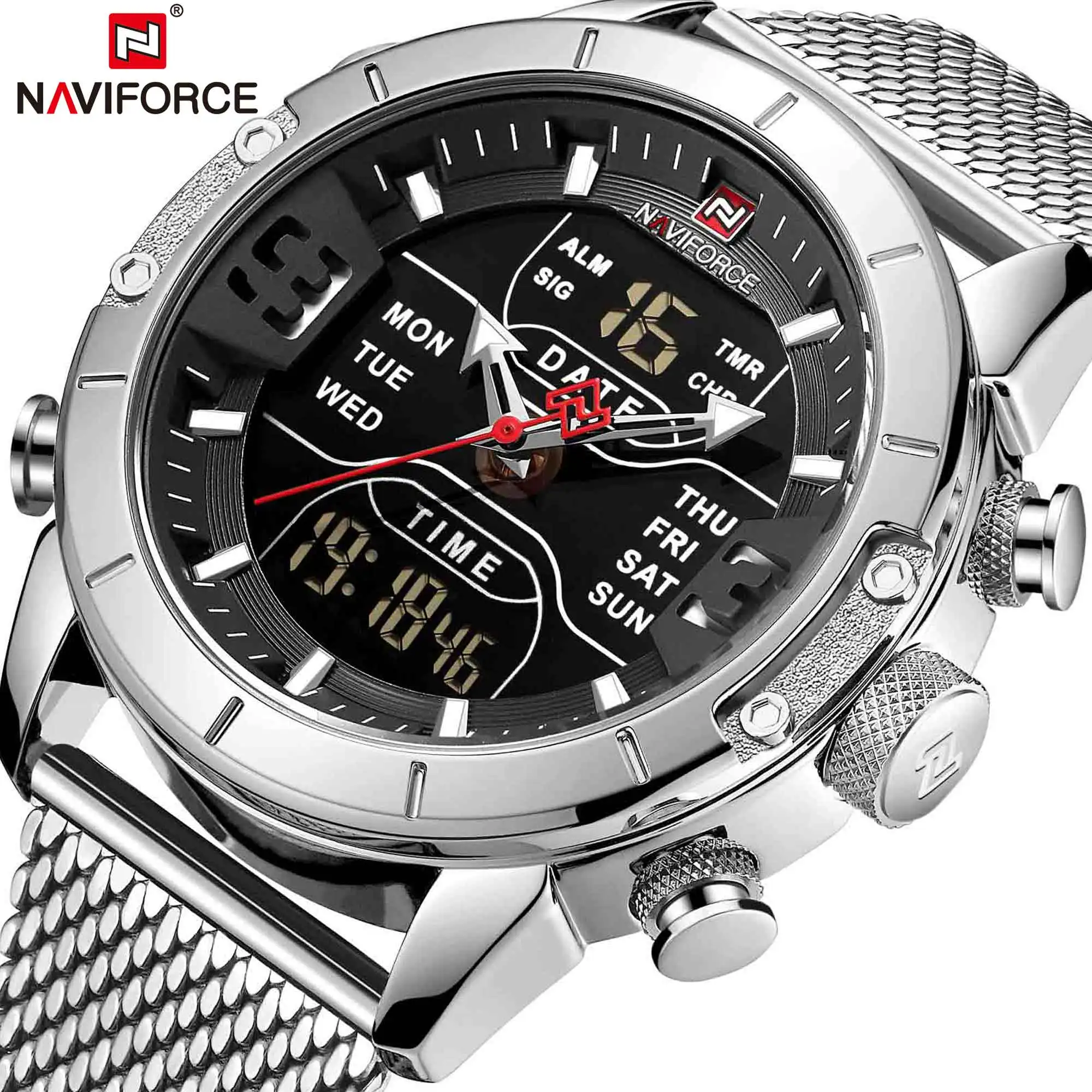 NAVIFORCE Male Watches Top Luxury Brand Men Sports Wristwatches Quartz LED Digital Clock Stainless Steel Military Man Wristwatch
NAVIFORCE Male Watches Top Luxury Brand Men Sports Wristwatches Quartz LED Digital Clock Stainless Steel Military Man Wristwatch