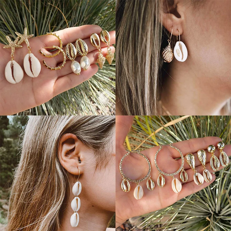 Fashion Beach Pearl Bohemian Sea Shell Starfish Natural Shell Cowrie Gold Color Trendy Dangle Women Shell Drop Conch Earring
Fashion Beach Pearl Bohemian Sea Shell Starfish Natural Shell Cowrie Gold Color Trendy Dangle Women Shell Drop Conch Earring
