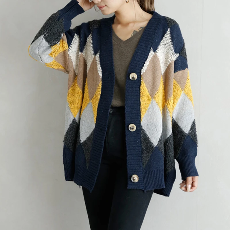 Plaid V-Neck Cardigans vintage argyle floral color patchwork2020 Women's Sweaters Winter Casual Button Puff Sleeve Loose Sweater
Plaid V-Neck Cardigans vintage argyle floral color patchwork2020 Women's Sweaters Winter Casual Button Puff Sleeve Loose Sweater