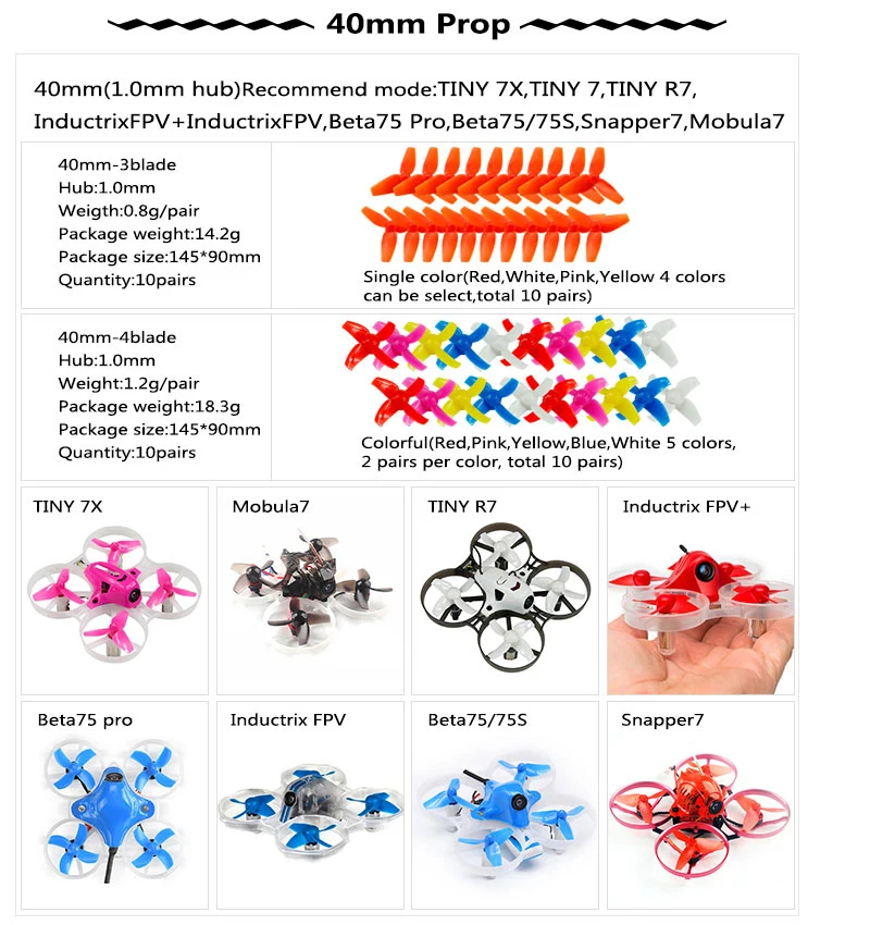 LDARC 40mm 10 Pairs 1.0mm Hub 3 4 Blade Prop Propeller for Kingkong Tiny 7x TINY7 Inductrix FPV Beta 75 PRO Mobula 7 Snapper 7
LDARC 40mm 10 Pairs 1.0mm Hub 3 4 Blade Prop Propeller for Kingkong Tiny 7x TINY7 Inductrix FPV Beta 75 PRO Mobula 7 Snapper 7