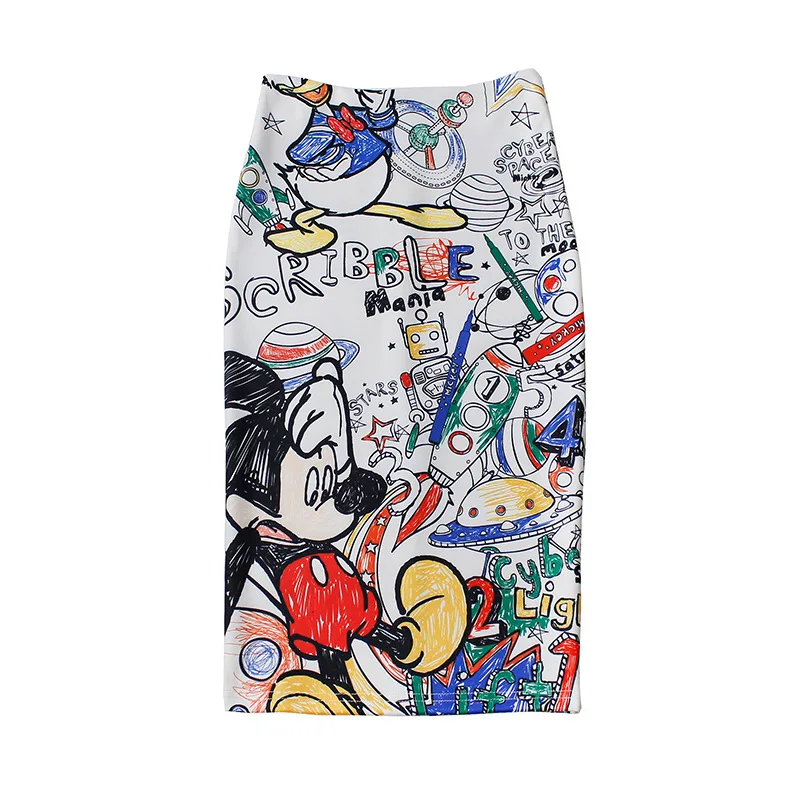 

2019 New Women's Pencil Skirt Cartoon Mouse Mickey Falda Print High Waist Slim Skirts Young Girl Summer Large Plus Size Female