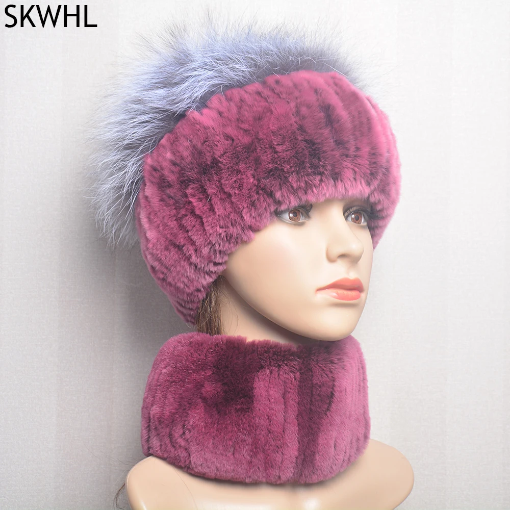 

New Winter Women Luxury Real Rex Rabbit Fur Hat Scarf 2 Pieces Knitted Rex Rabbit Fur Hat Top Natural Fox Fur Cap Scarves Sets