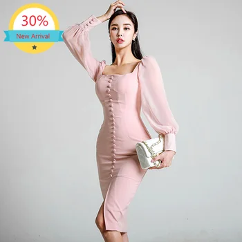 Woman Dress Square Collar Single-breasted Chiffon Stitching Long-sleeved Bag Hip Slim Dress 2020 Spring Party Dress clothes
Woman Dress Square Collar Single-breasted Chiffon Stitching Long-sleeved Bag Hip Slim Dress 2020 Spring Party Dress clothes