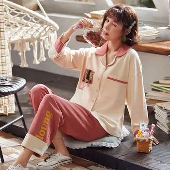 Autumn women's pajamas cotton long sleeve home clothes cardigan fresh cute girl loose suit
Autumn women's pajamas cotton long sleeve home clothes cardigan fresh cute girl loose suit