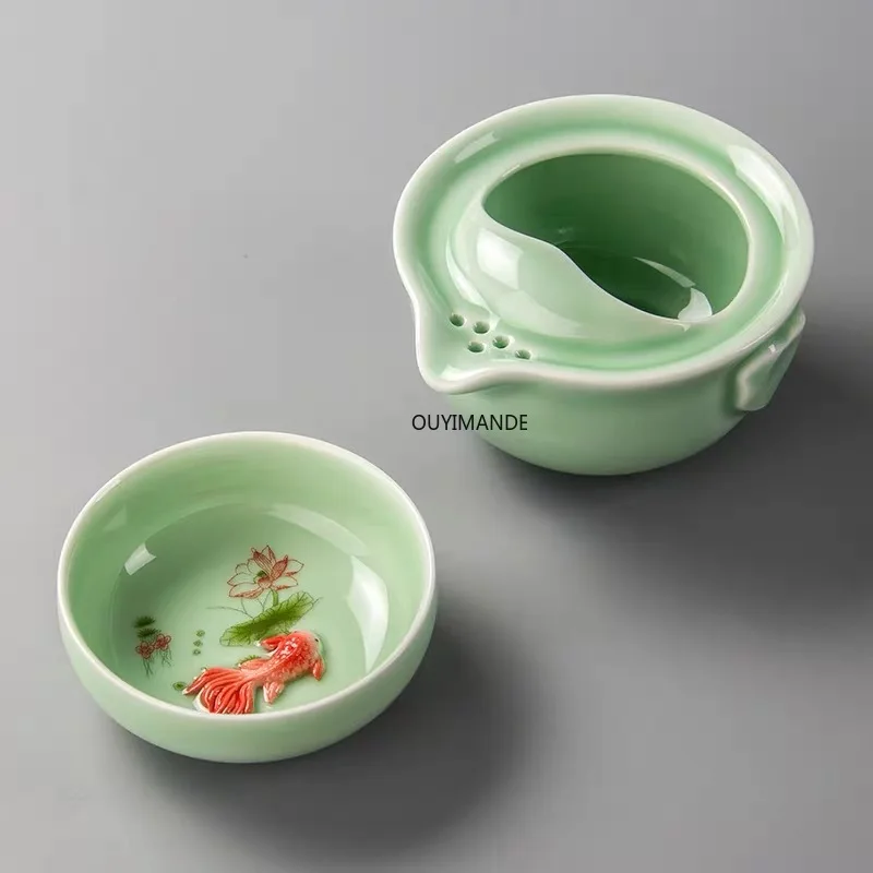 

Высококачественная портативная посуда для напитков Gaiwan Celadon 3D для карпа, путешествий, кунг-фу, в комплекте 1 чайник + 1 чашка, офисный чайник