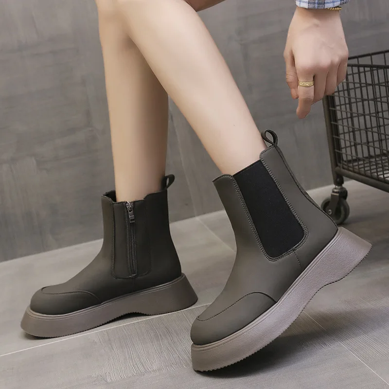 

Women Platform Boots Autumn Fashion Chelsea Mid Calf Booties Woman 2021 Thick Bottom Ankle Boots Casual Female Black Short Boots