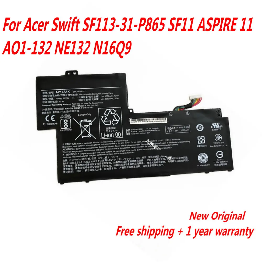 

NEW AP16A4K KT.00304.003 Laptop Battery For Acer Swift SF113-31-P865 SF11 ASPIRE 11 AO1-132 NE132 N16Q9 11.25V 3770mAh 42WH