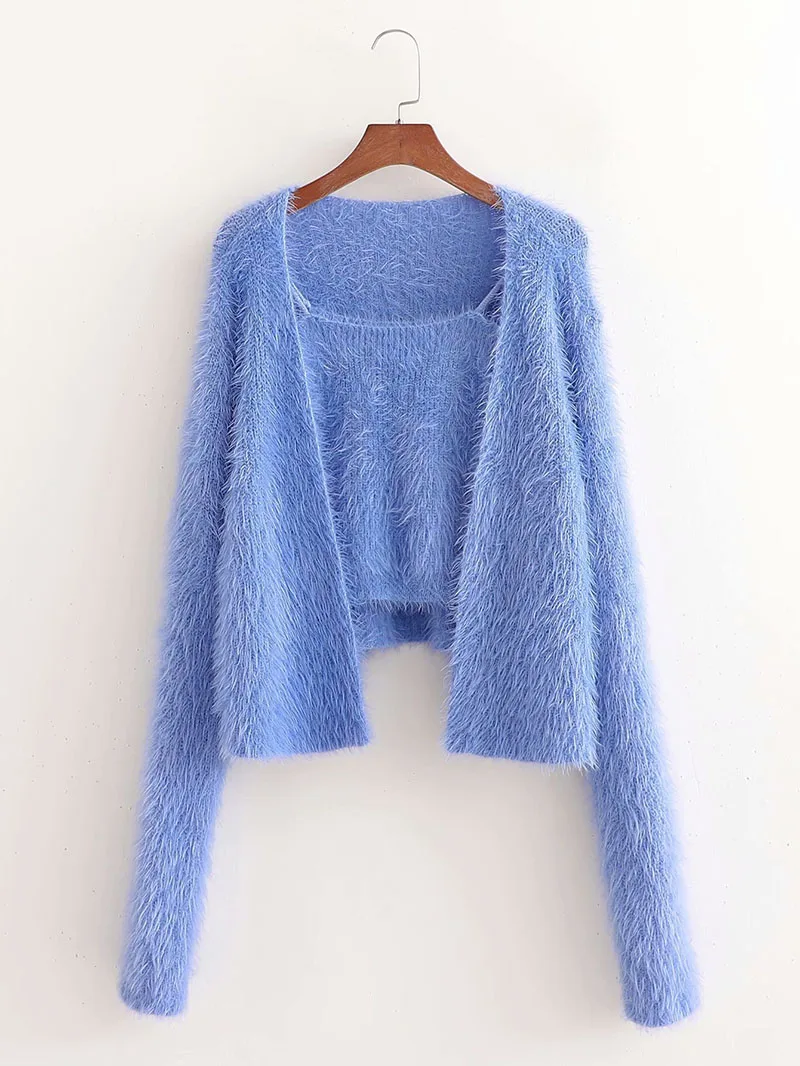 

Women Two Pieces Sets Knitted Sweater Suit Mohair Solid Elegant Autumn Winter Casual y2k Knitwear Cardigans Camis Crop Top