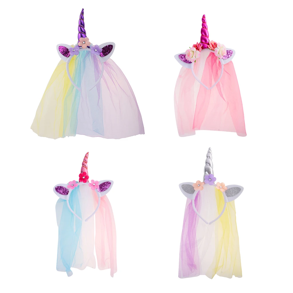 Unicorn Horn Ears Flower Headband with Veil Cosplay Costume Birthday Party Gift Unicorn Horn Ears Flower Headband with Veil Cosplay Costume Birthday Party Gift