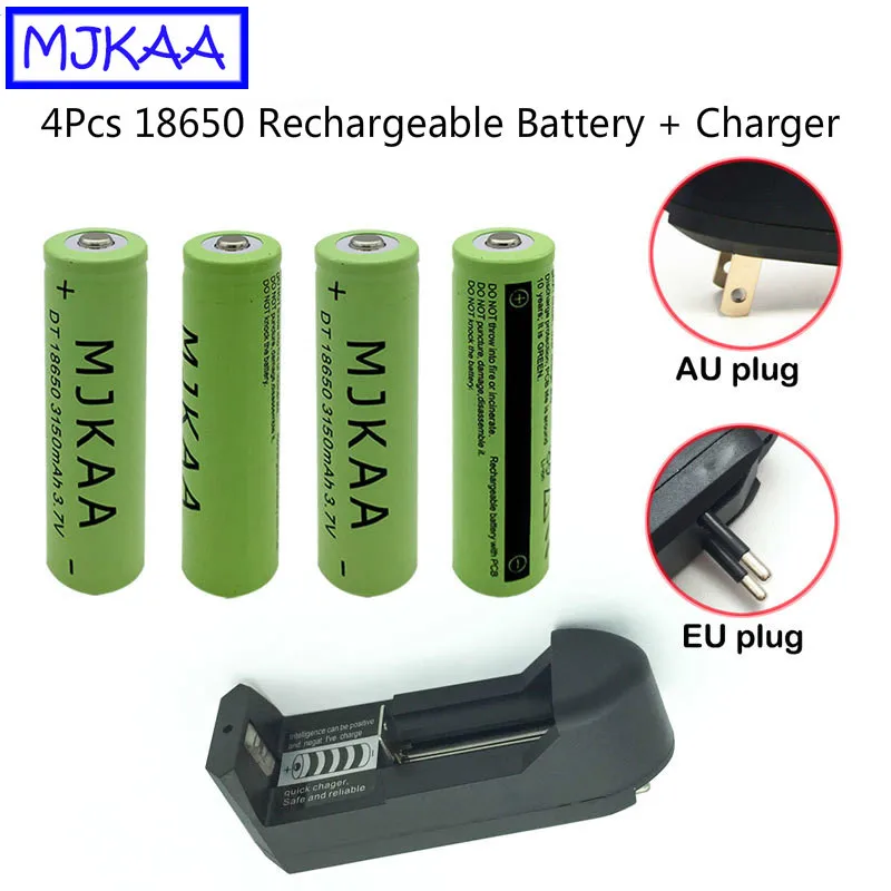 MJKAA 4Pcs 18650 3150mAh 3.7V Lithium Rechargeable Battery + Charger EU AU Plug Universal Li-ion Batteries Chargers
MJKAA 4Pcs 18650 3150mAh 3.7V Lithium Rechargeable Battery + Charger EU AU Plug Universal Li-ion Batteries Chargers