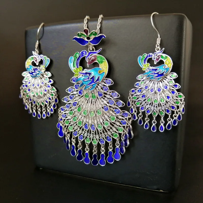 Peacock 999 Sterling Silver Cloisonne Enamel Jewelry Sets Pendant Necklace Women Big Boho Earrings Handmade Luxury Jewelry Set 
Peacock 999 Sterling Silver Cloisonne Enamel Jewelry Sets Pendant Necklace Women Big Boho Earrings Handmade Luxury Jewelry Set