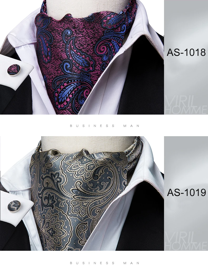 Paisley Ascot Tie Set for Men Jacquard Woven Cravat Tie and Pocket Square Cufflinks Grey Color