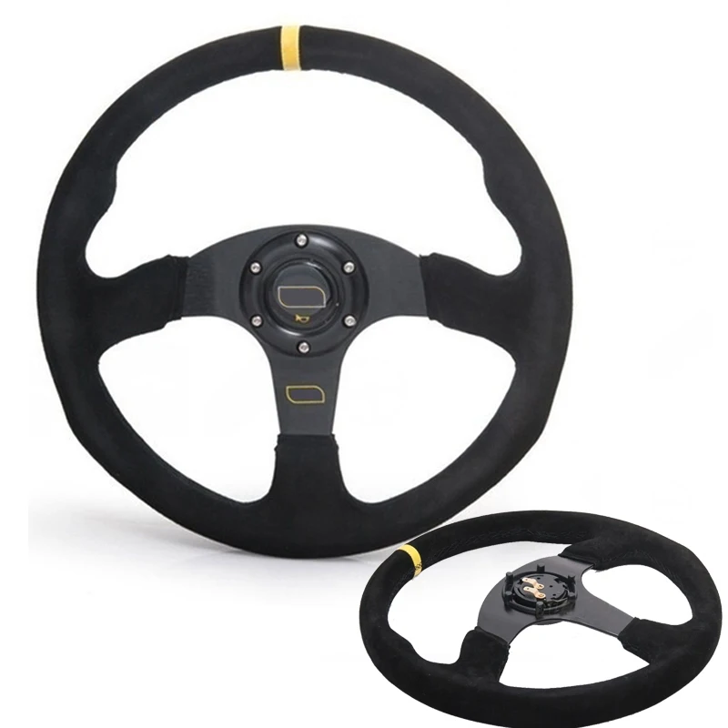 

New Style Universal Sports Steering Wheel Flat Drift 14inch 350mm Racing Steering Wheel Suede Leather with Horn Button