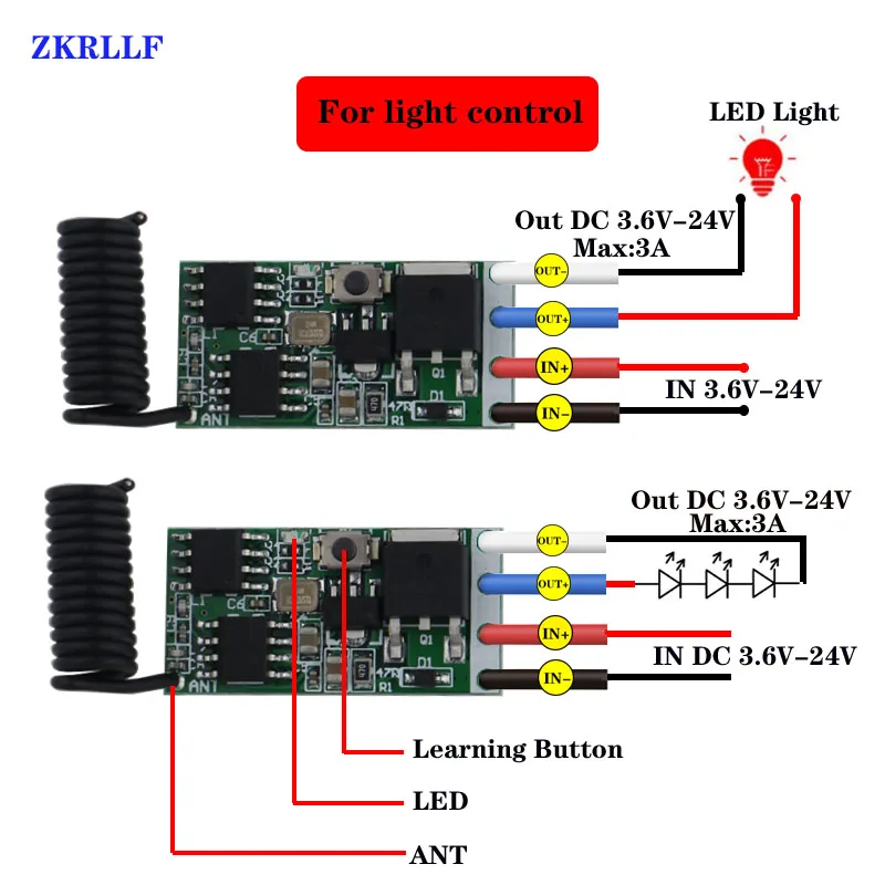 433mhz DC 1CH 3.6V 6V 12V 24V Mini Relay Wireless RF Remote Control Switch Power LED Lamp Controller Micro Receiver Transmitter-2