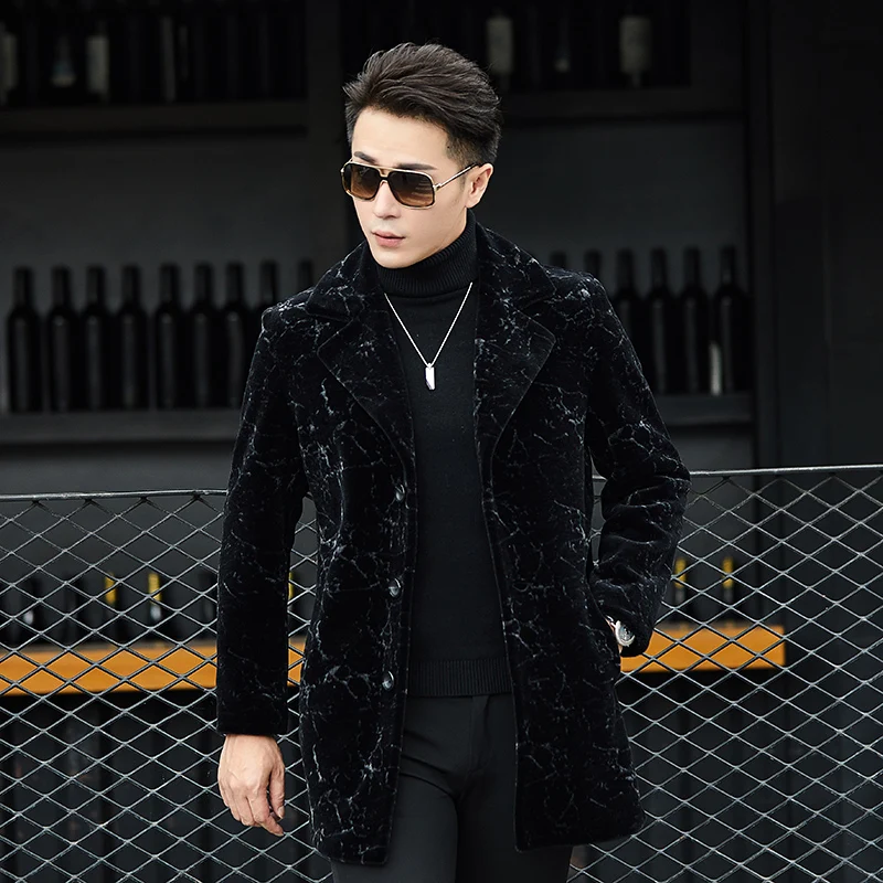 

Winter Fur Men Wool Overcoat Printed Mens Parka Real Fur Leather Jacket Mid-length Fashion Sheep Shearing Trench Coat