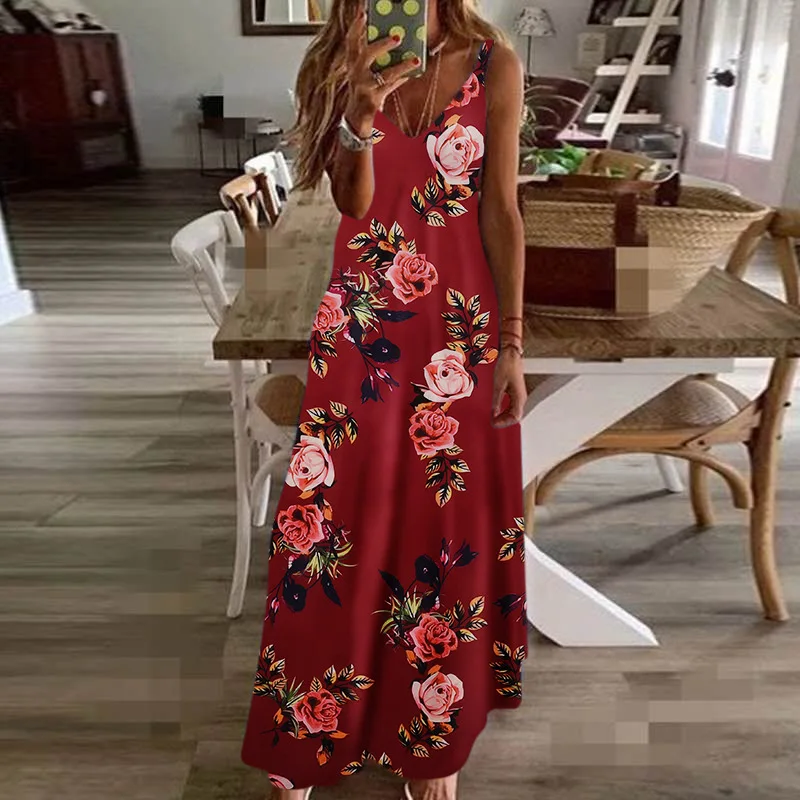 Sexy Maxi Dresses For Women Boho Print V-Neck Floral Sundresses Women Sleeveless Plus Size Dresses For Women 4xl 5xl Summer 2020