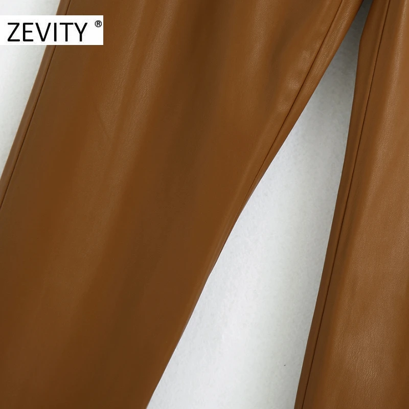 ZEVITY Women fashion solid PU leather straight pants female zipper fly casual slim long Trousers chic autumn business pants P935