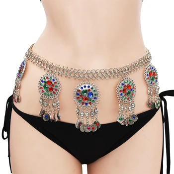 

2019 new Gypsy Colorful Rhinestone Flower Body Waist Chain Stone Coin Dance Belt Belly Chains Indian Turkish Tribal Summer Jewel