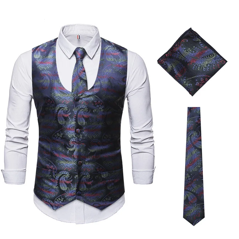 

Men Vests Fashion Paisley Banquet Party Prom Ball Wedding Groom Singer Host Dancer Stage Nightclub 3 Pieces Waistcoats Tie Scarf