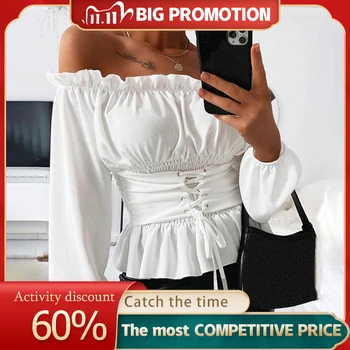 Off Shoulder Bandage Women's Blouse Ruffle Letter Print Lace Up Lantern Sleeve Female Blouses 2020 Summer Fashion Ladies Top
Off Shoulder Bandage Women's Blouse Ruffle Letter Print Lace Up Lantern Sleeve Female Blouses 2020 Summer Fashion Ladies Top