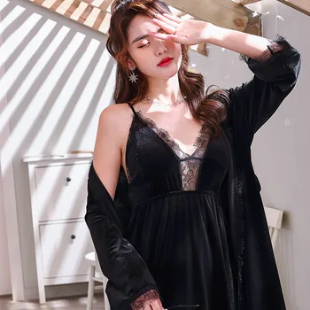 Deep V Lace Suspender Nightdress Ladies Autumn And Winter Home Ware Nightgown Two-piece Sexy Gold Velvet Nightgown Women
Deep V Lace Suspender Nightdress Ladies Autumn And Winter Home Ware Nightgown Two-piece Sexy Gold Velvet Nightgown Women