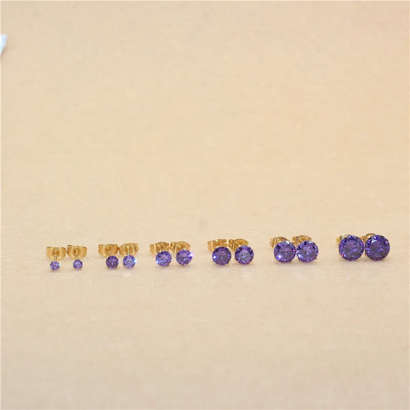 

Size 3mm to 8mm 316L Stainless Steel Purple Color Round Zircon Stud Earrings No Fade Allergy Free Brief Jewelry