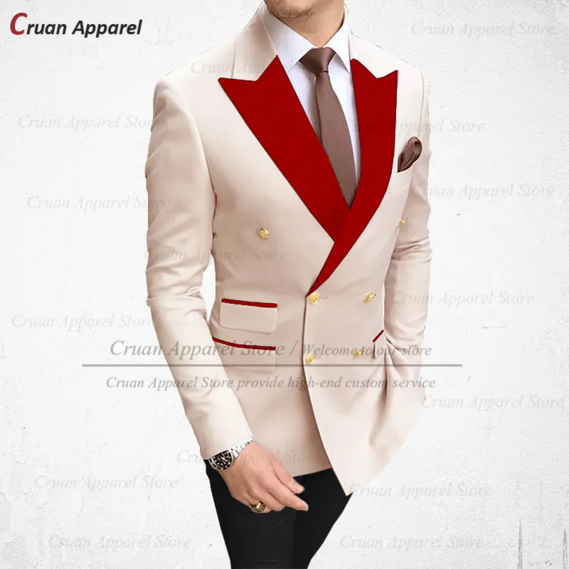 

20 Colors Beige Suits Mens Gold Buttons Slim Wedding Groomsmen Groom Tuxedo Double Breasted Velvet Peak Lapel Blazer Pants 2Pcs