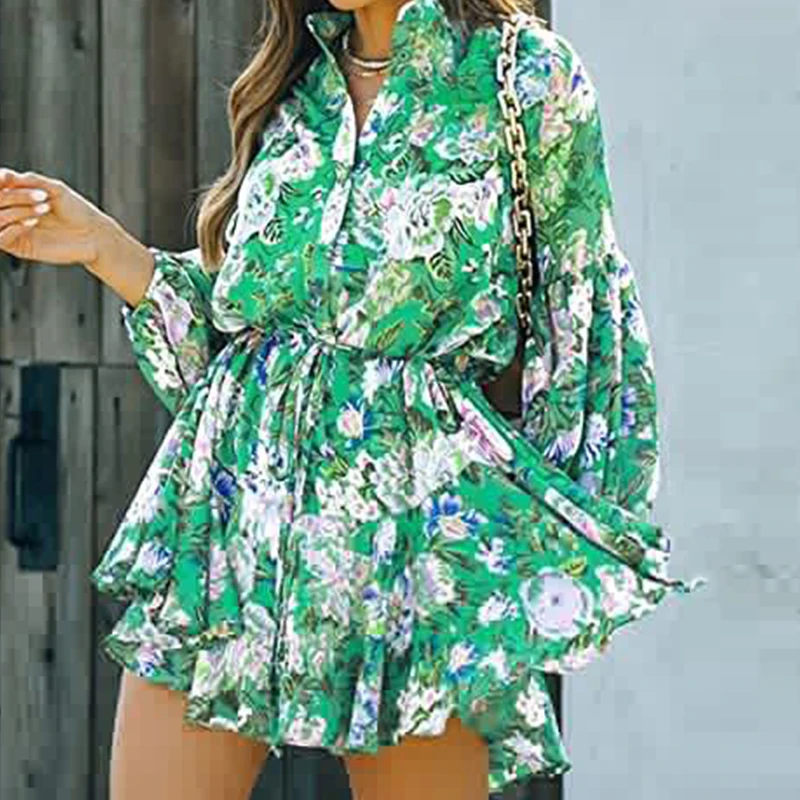 Фото Женское мини-платье с цветочным принтом короткое Плиссированное ТРАПЕЦИЕВИДНОЕ
