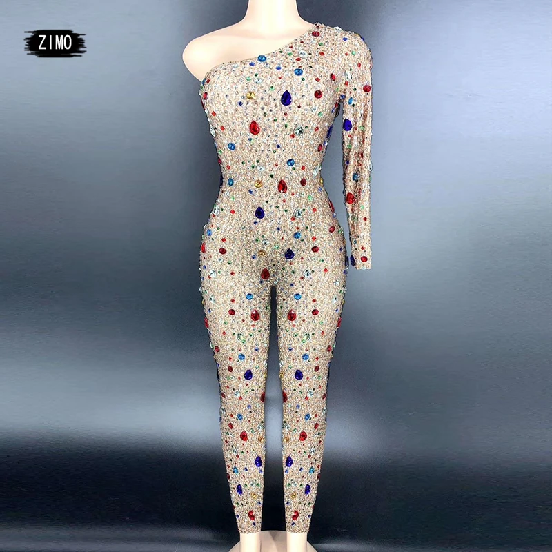Sexy women wears one shoulder crystal jumpsuit rhinestone stretched dance stage costumes outfit party nightclub birthday sparkly
Sexy women wears one shoulder crystal jumpsuit rhinestone stretched dance stage costumes outfit party nightclub birthday sparkly