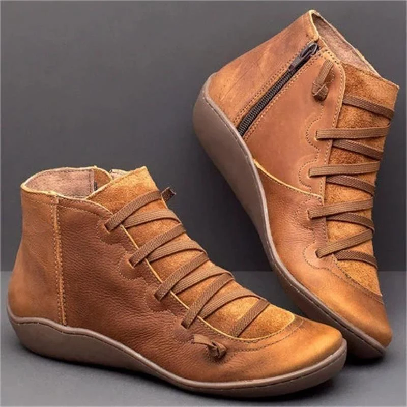 

ECN Leather Ankle Boots Dropshipping 2019 Autumn Vintage Lace Up Women Shoes Comfortable Flat Heel Boots Female Short Boots