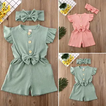 Summer 2PCS Kids Baby Girl Clothes Fly-Sleeve Short Sleeve Knitted Romper Ribbed Solid Bowknot Jumpsuit Headband Outfits 
Summer 2PCS Kids Baby Girl Clothes Fly-Sleeve Short Sleeve Knitted Romper Ribbed Solid Bowknot Jumpsuit Headband Outfits