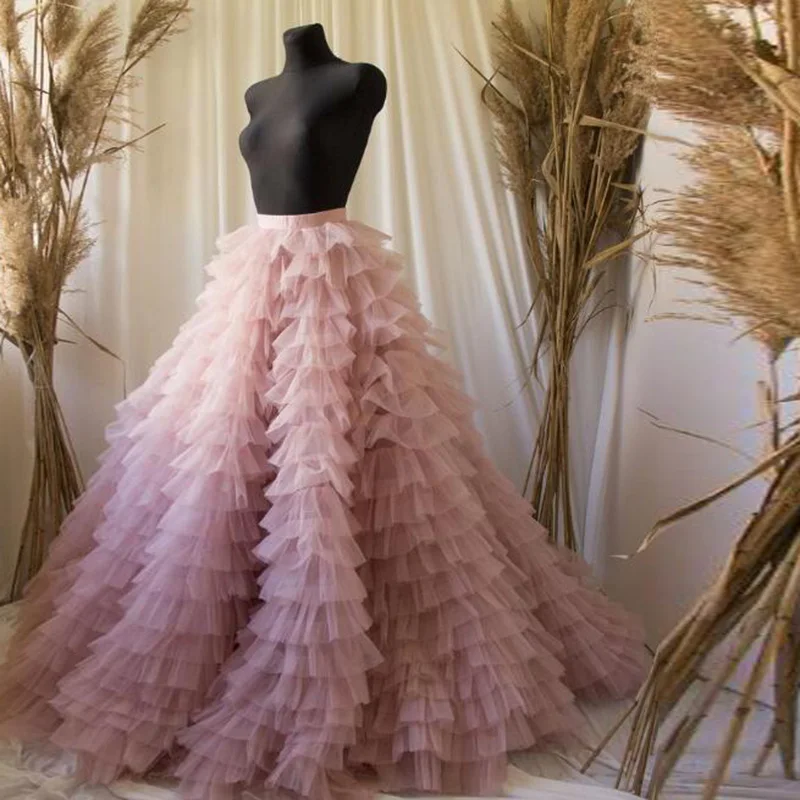 

Real Image Tiered Ruched Long Bridal Tulle Skirts Ball Gown Sweet Pink High Waist Women Custom Tutu Skirt Faldas Saia Jupe