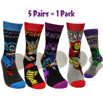 

5 Pairs/Pack Thor Men socks Marvel Comic Heros Anime pattern Ironman Captain America Hulk Hawkeye Man compression cotton Socks