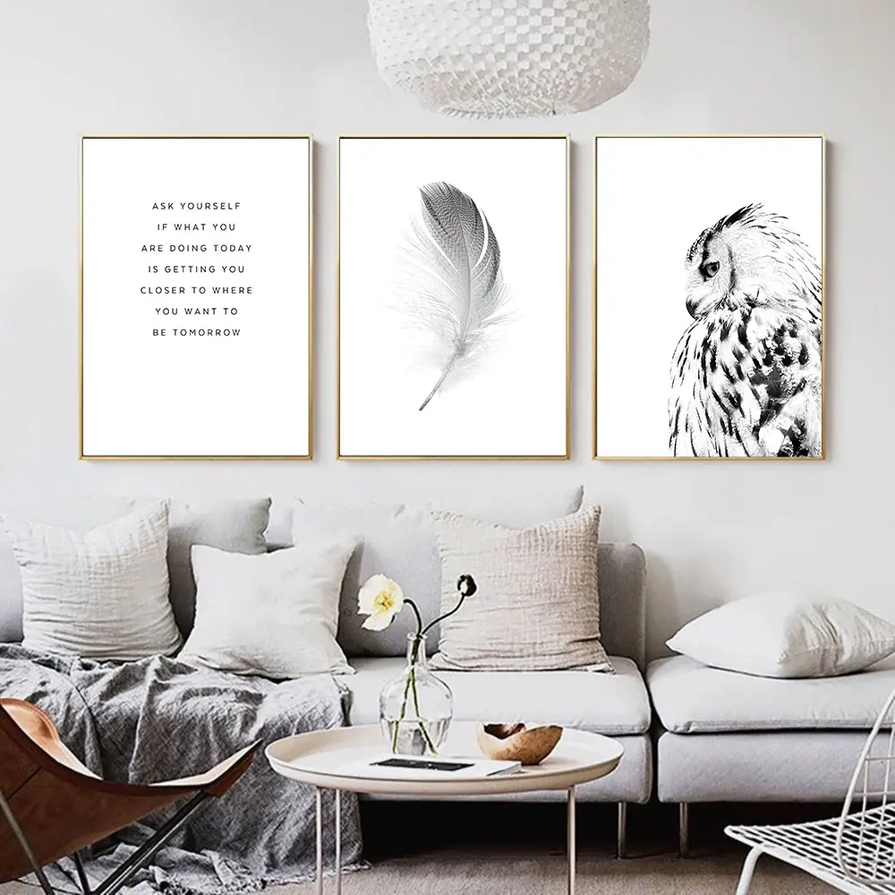 Фото Скандинавский черно белый постер холст с рисунком совы перо - купить