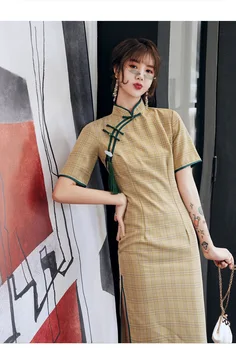 New summer original design Chinese old Shanghai style grid print big size retro improved long cheongsam dress for women 
New summer original design Chinese old Shanghai style grid print big size retro improved long cheongsam dress for women