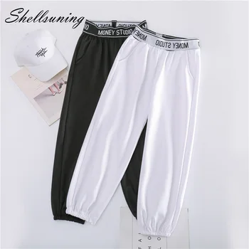 

Shellsuning Solid Sweatpants Female Spring Loose Letter Beam Feet Black Casual Trousers Elastic Band Nine Points Pants Ulzzang